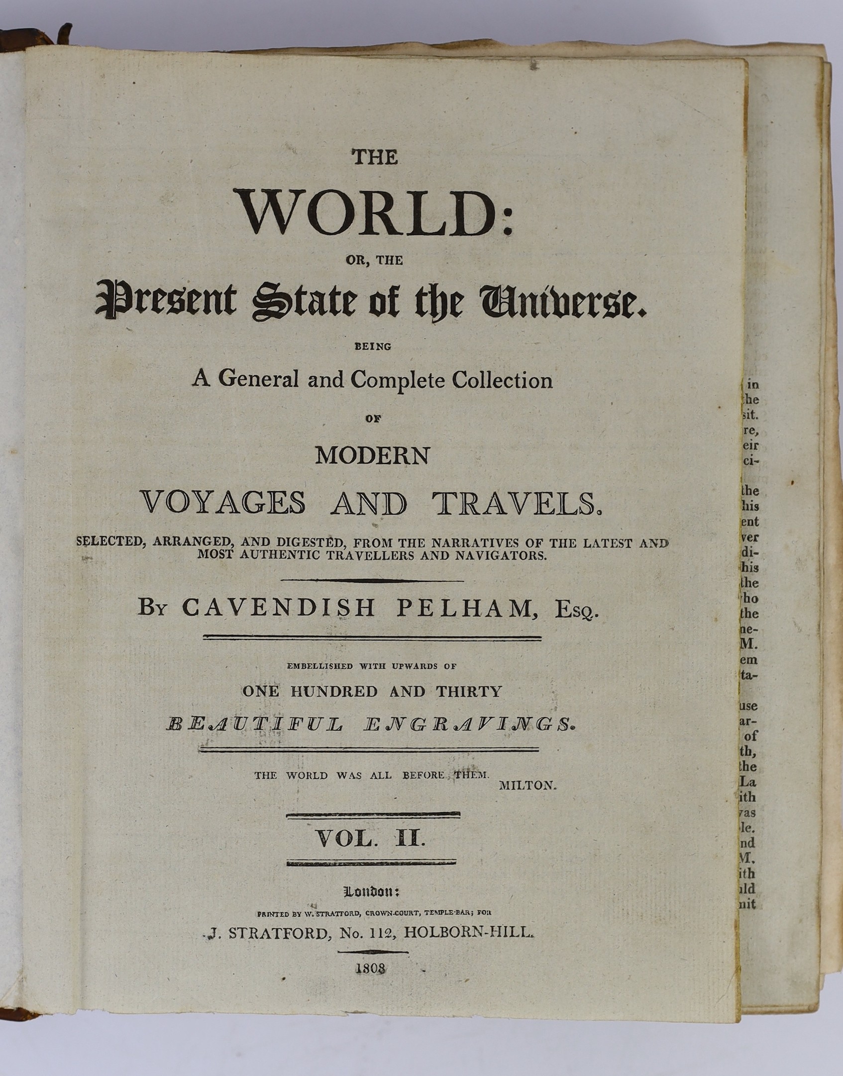 Pelham, Cavendish - The World: or, the Present State of the Universe. Being a .... Collection of Modern Voyages and Travels… 2 vols. 103 plates and 9 maps (3 folded); contemp. half calf and marbled boards, gilt ruled spi